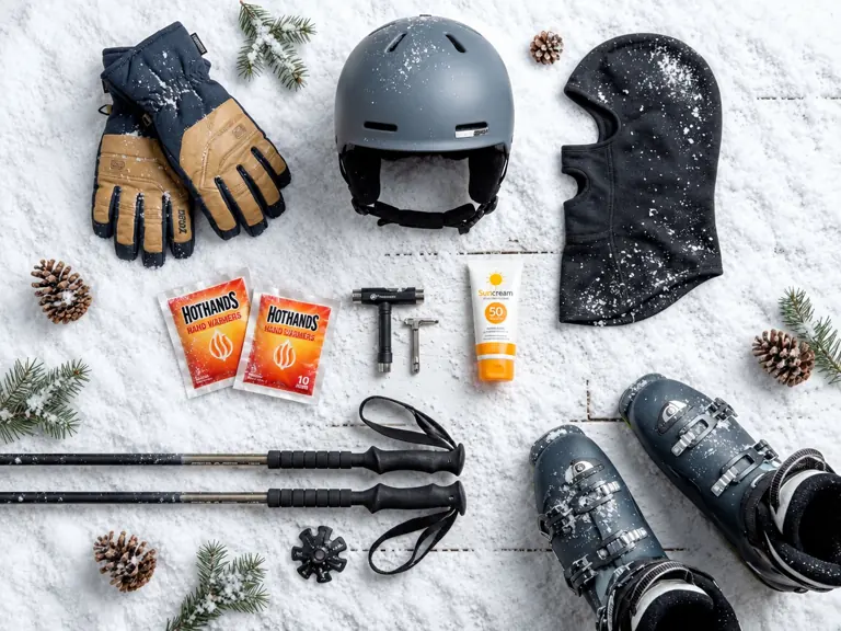 Ski helmet, gloves, balaclava, hand warmers, and sunscreen laid out on snow