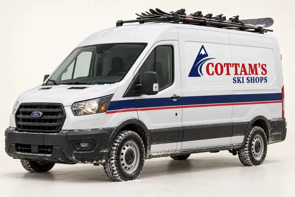 Concept of a Cottam's Ski Shops delivery van with navy and red stripes and skis and a snowboard on the roof rack