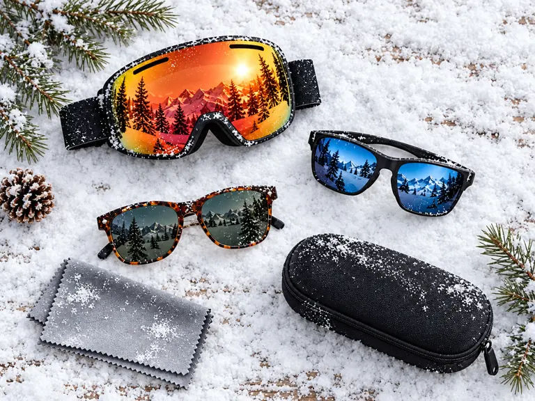 Ski goggles, two pairs of sunglasses, a lens cloth, and a hard case on snow