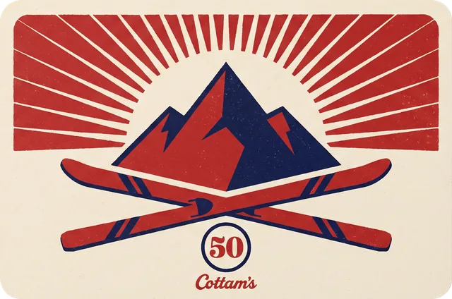 Cottam's gift card: a retro red, navy, and cream design with a mountain, a sunburst, crossed skis, and a 50th-season badge