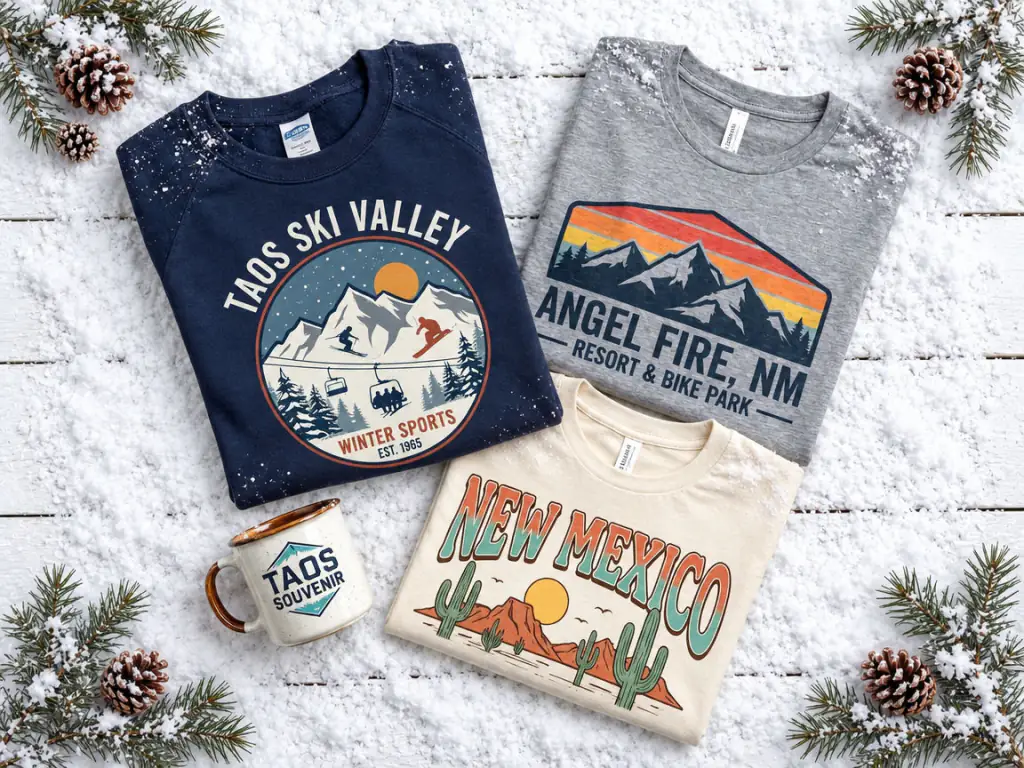 Taos Ski Valley, Angel Fire, and New Mexico t-shirts with a Taos souvenir mug on snow