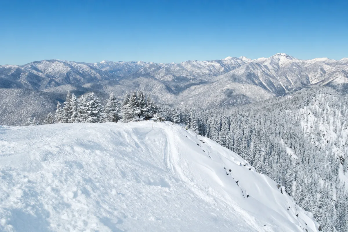 Snow-covered ridge and peaks under a clear blue sky at Taos Ski Valley